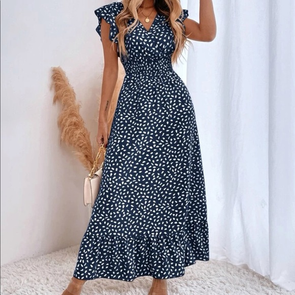 Dresses & Skirts - Dots ruffle trim shirred waist maxi dress navy blue